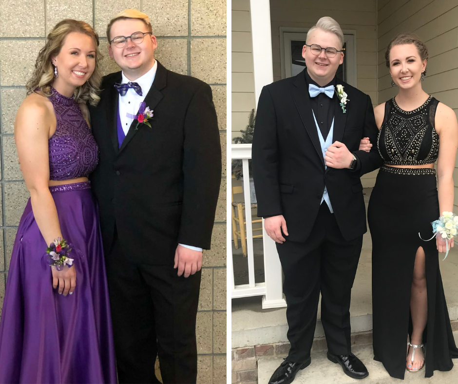 Junior year prom dress in purple showing how the right prom dress color choice enhances natural skin tone and confidence. Senior year black prom dress showing how poor prom dress color choices can wash out skin tone even in natural lighting