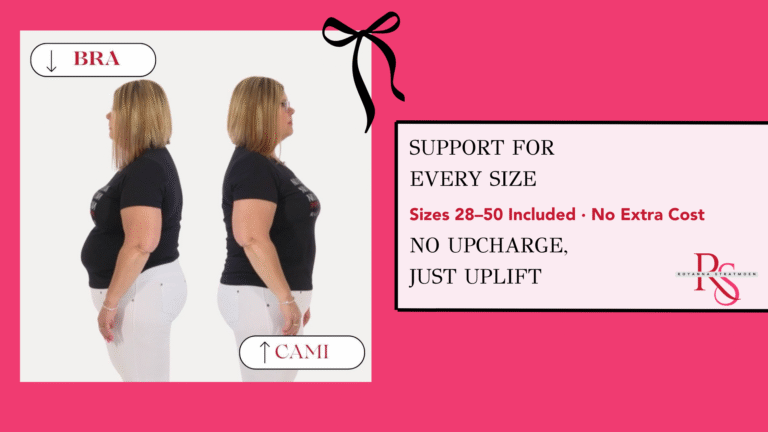 Side-by-side photo of a curvy woman before and after wearing a Ruby Ribbon cami, with text reading “Support for Every Size – Sizes 28–50 Included · No Extra Cost – No Upcharge, Just Uplift,” showcasing inclusive shapewear for curvy women.