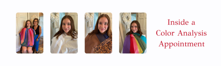 Inside a color analysis appointment featuring side-by-side photos of a young woman during a virtual or in-person color draping session with Radiate with Royanna. Includes before-and-after drapes showing the transformation using personal color palettes.