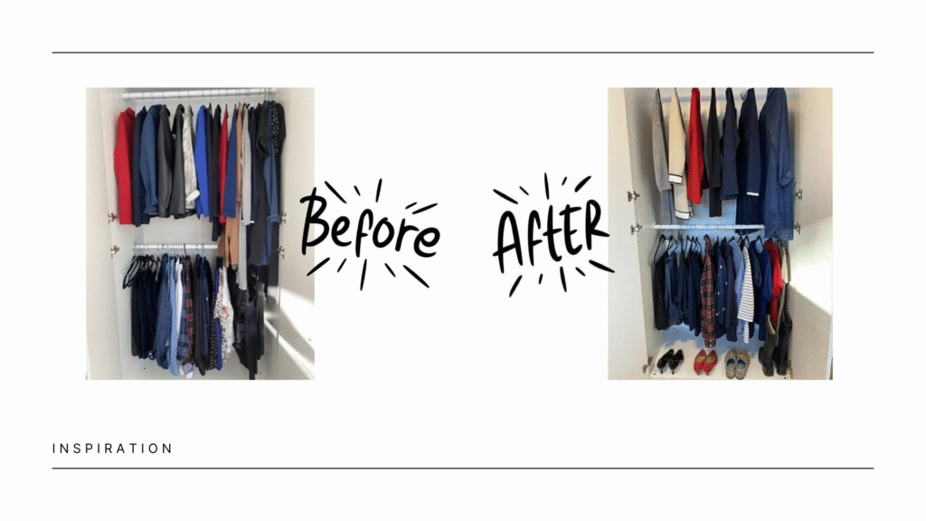 Side-by-side comparison of a cluttered closet versus a simplified capsule wardrobe closet with fewer hangers and coordinated outfits.
