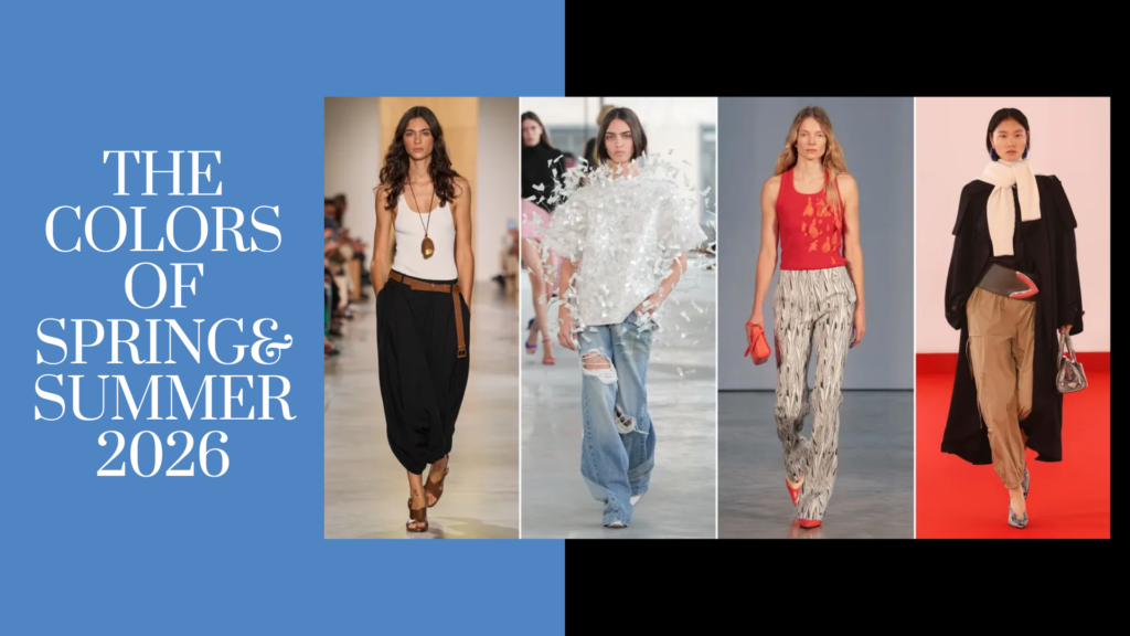 Spring Summer 2026 runway fashion trends featuring neutrals, denim, and red accents.
