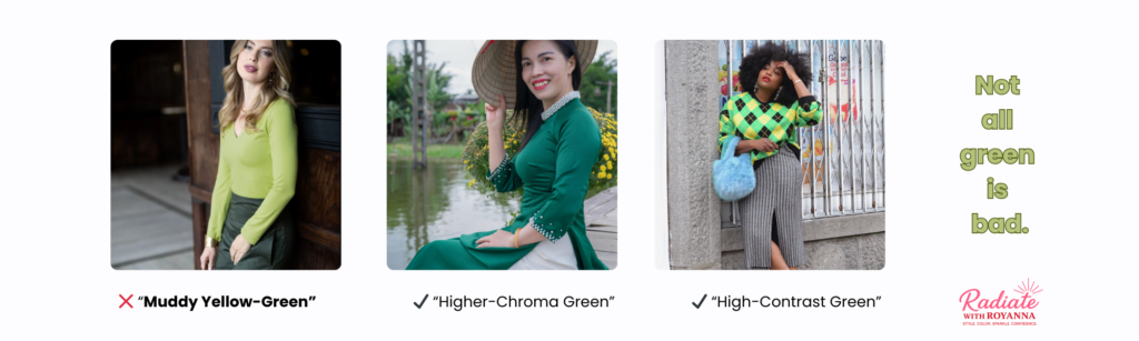 Comparison of muddy yellow-green versus clear and high-contrast green tones showing which colors make women look tired
