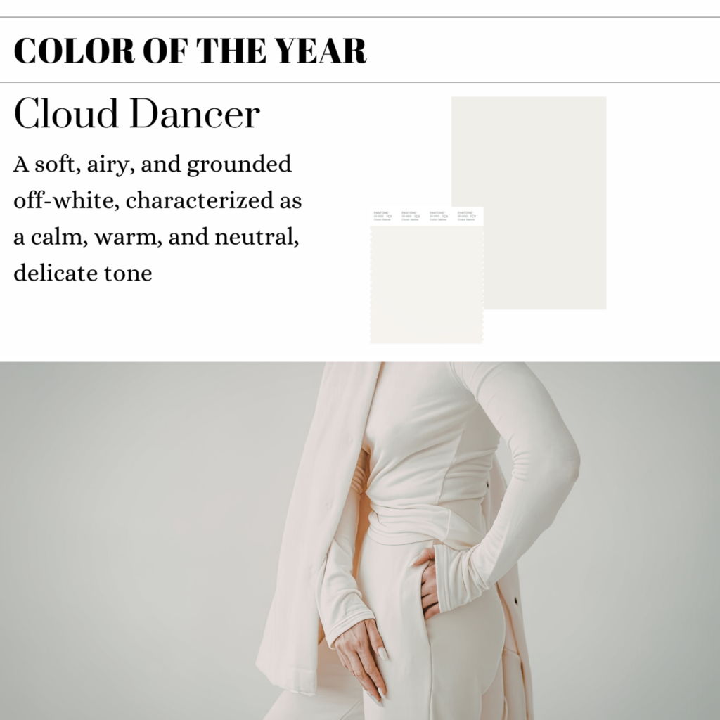Monochromatic off-white outfit styled in “Cloud Dancer,” the 2026 Color of the Year.