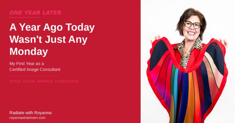 Royanna Stratmoen certified image consultant holding colorful draping cloth celebrating one year anniversary
