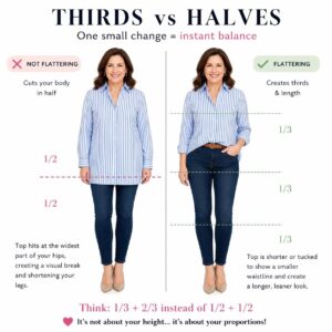 Petite style after 40 example showing the rule of thirds versus a 50/50 outfit proportion